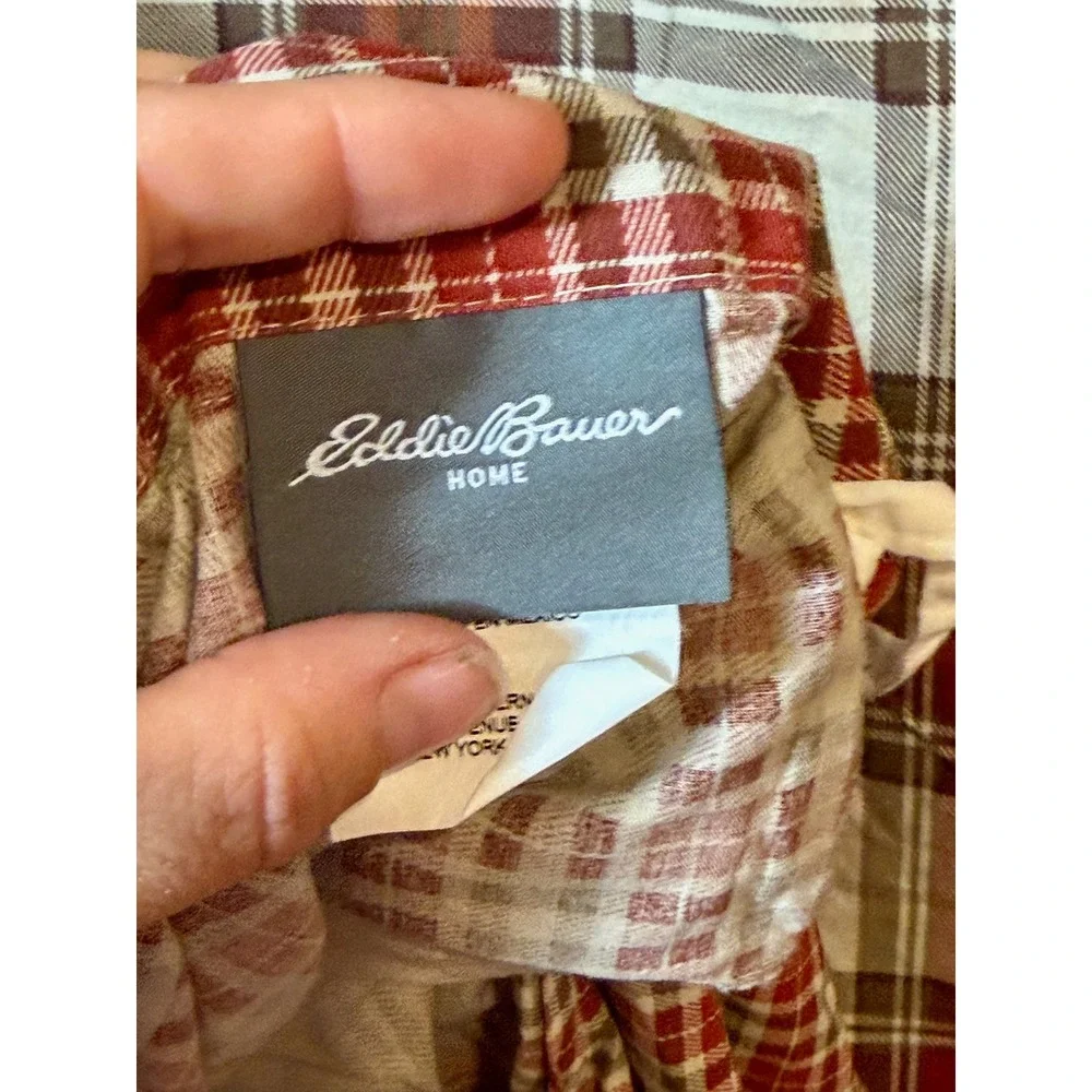 Eddie Bauer Home King Duvet Cover Reversible Red Tan Plaid Check Cotton Lodge‎